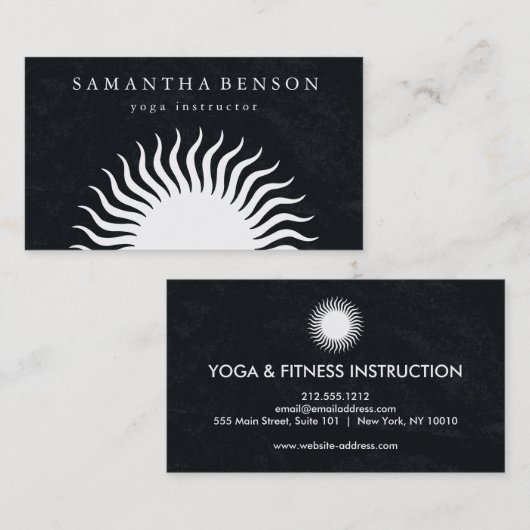Carte De Visite Élégant Logo Soleil Noir & Blanc Yoga (Devant / Derrière)