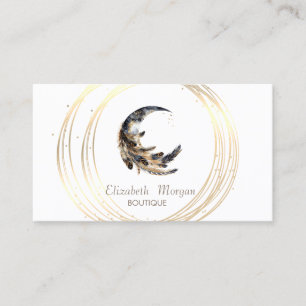Carte De Visite Élégant Lune Plume Cercles Dorés Lotus