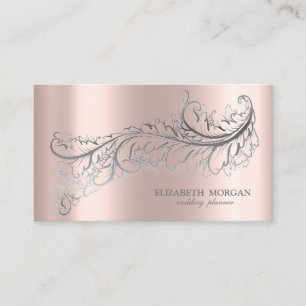 Carte De Visite Élégant Luxe Argent Plume Or Rose