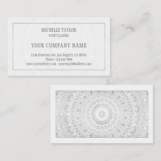 Carte De Visite Elégant Luxe Blanc Silver Mandala Professionnel (Devant / Derrière)