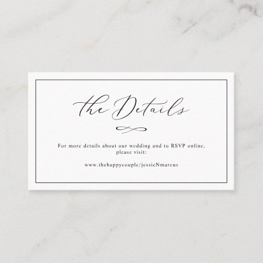 Carte De Visite Elegant Luxe Calligraphy Détails sur le Mariage (Devant)