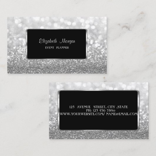 Carte De Visite Elégant Luxe élégant, Moderne, Silver GlitterBokeh (Devant / Derrière)