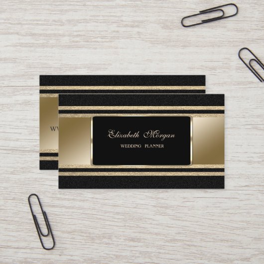 Carte De Visite Elégant Luxe, Noir, Faux Gold Glittery Stripes (Devant/Arrière en situation)
