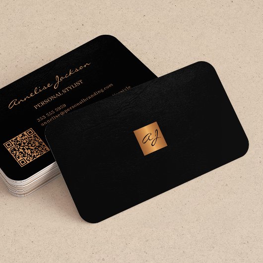 Carte De Visite Élégant luxe or noir monogramme QR code