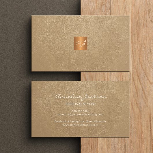 Carte De Visite Elegant luxury beige leather copper gold monogram