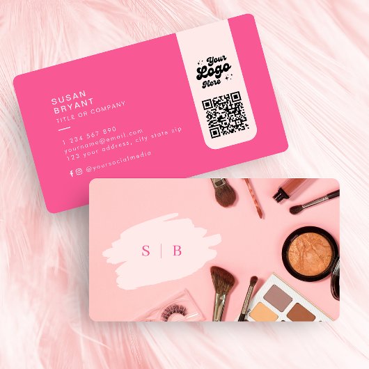 Carte De Visite Élégant maquillage rose initiales photo code qr lo