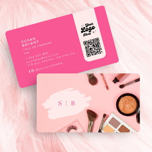 Carte De Visite Élégant maquillage rose initiales photo code qr lo