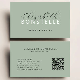 Carte De Visite Elégant maquilleur QR Code Sage Green