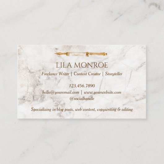 Carte De Visite Elégant marbre Aquarelle or stylo service d'écritu (Dos)