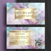 Carte De Visite Elégant marbre Turquoise violet et or Aquarelle QR