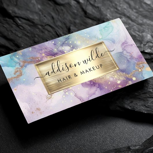 Carte De Visite Elégant marbre Turquoise violet et or Aquarelle QR