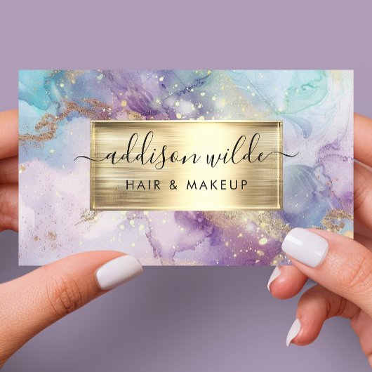 Carte De Visite Elégant marbre Turquoise violet et or Aquarelle QR