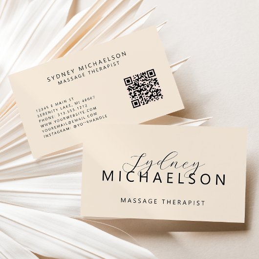 Carte De Visite Elégant massothérapeute QR Code Beige neutre