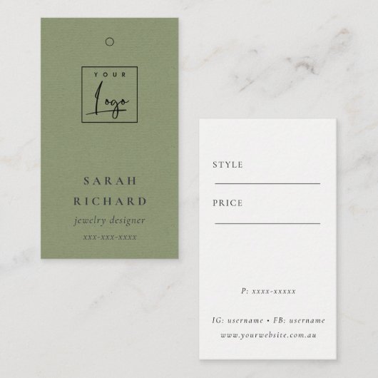 Carte De Visite Élégant minimal Kraft Green Logo Prix Balise (Devant / Derrière)