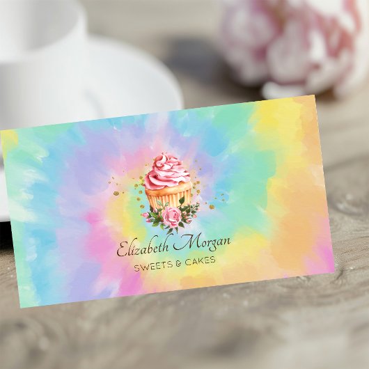Carte De Visite Elegant Modern Floral Cupcake Tie Dye Bakery