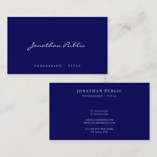 Carte De Visite Elegant Modern Simple Template Script Navy Blue (Devant / Derrière)