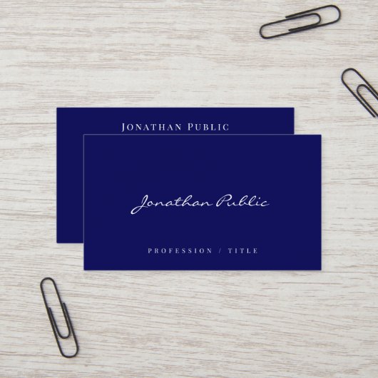 Carte De Visite Elegant Modern Simple Template Script Navy Blue (Devant/Arrière en situation)