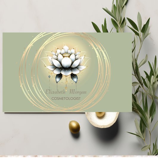 Carte De Visite Élégant Moderne Blanc Lotus Cercles Dorés Vert