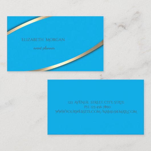 Carte De Visite Élégant Moderne Bleu Simple, Bande Or (Devant / Derrière)