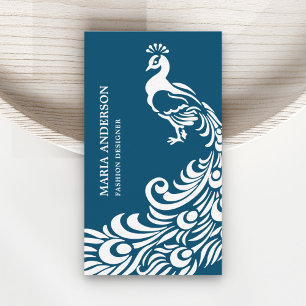 Carte De Visite Élégant Moderne Chic Bleu et Blanc Paon