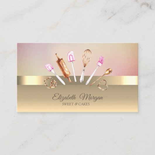 Carte De Visite Élégant Moderne Chic Boulangerie Outils Or (Devant)