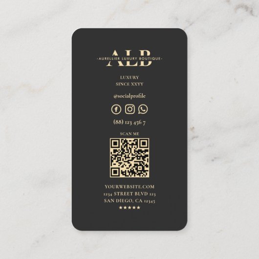 Carte De Visite Élégant moderne de luxe Script Monogramme noir (Dos)