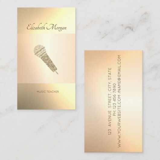 Carte De Visite Élégant Moderne, Microphone Or, Enseignant Musique (Devant / Derrière)