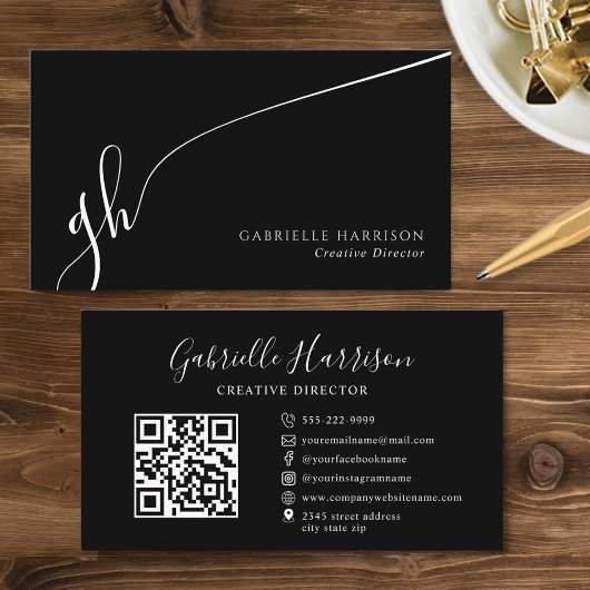 Carte De Visite Élégant moderne Monogramme Initiales de script QR