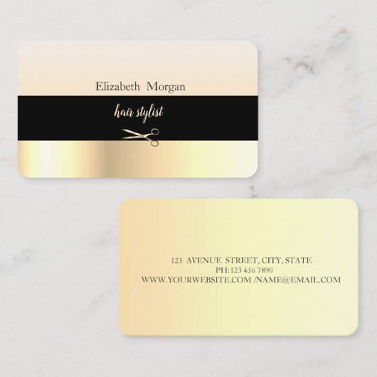 Carte De Visite Elégant moderne rayé noir, Or, Ciseaux (Devant / Derrière)