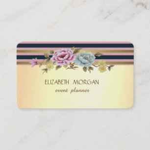 Carte De Visite Élégant Moderne Style Faux Doré Rayé, Fleurs