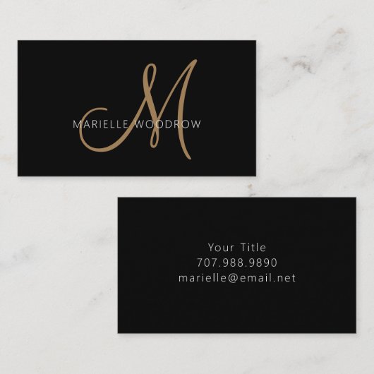 Carte De Visite Élégant Monogram Black Gold Nom de script (Devant / Derrière)