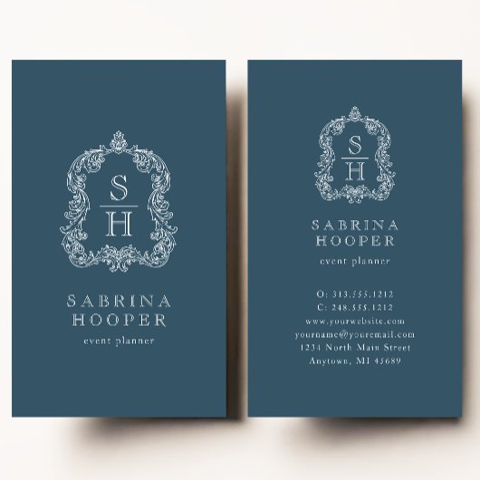 Carte De Visite Élégant Monogram Crest Event Planner Indigo