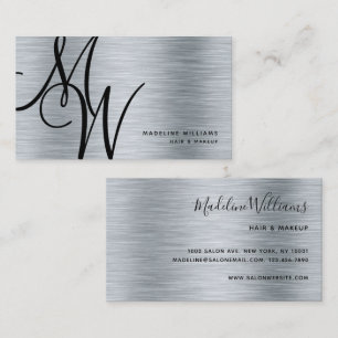 Carte De Visite Élégant Monogram Silver Black Modern Script Nom