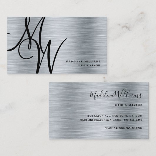 Carte De Visite Élégant Monogram Silver Black Modern Script Nom (Devant / Derrière)