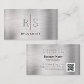 Carte De Visite Élégant monogramme 3D & nom Code QR Argent brossé (Devant / Derrière)