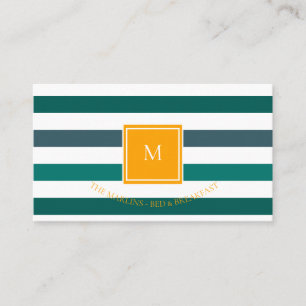 Carte De Visite Élégant Monogramme blanc rayé Turquoise