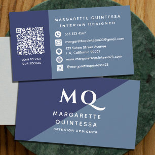 Carte De Visite Élégant Monogramme bleu et blanc de la marine mode