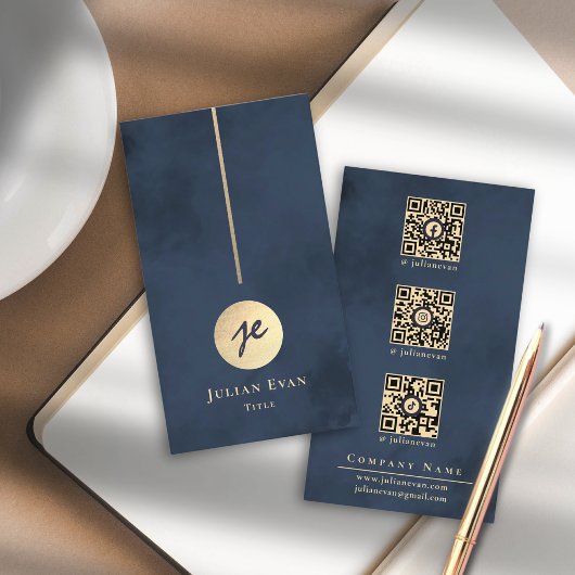 Carte De Visite Élégant Monogramme bleu et or Marine Médias sociau