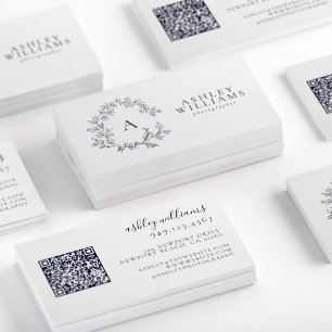 Carte De Visite Élégant Monogramme bleu marine Cimier floral Code 