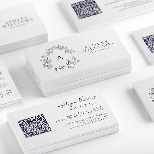 Carte De Visite Élégant Monogramme bleu marine Cimier floral Code 