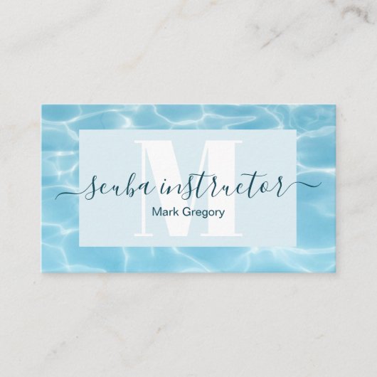 Carte De Visite Élégant Monogramme Bleu Scuba instructeur de plong (Devant)