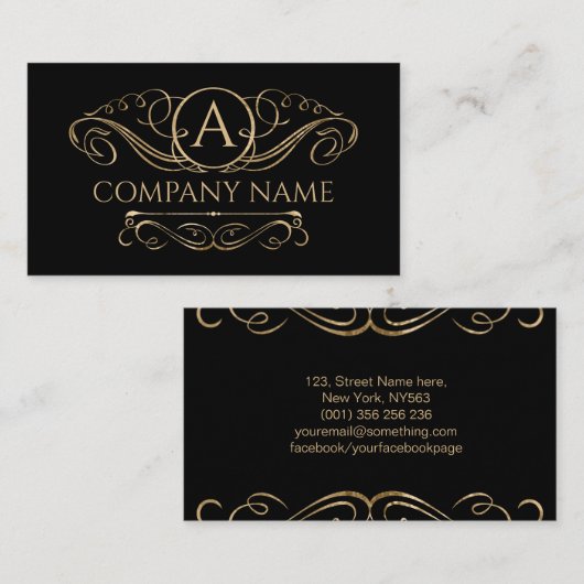 Carte De Visite Élégant Monogramme en or sur noir (Devant / Derrière)