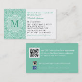 Carte De Visite Élégant Monogramme Feminine Mint Damask Boutique (Devant / Derrière)