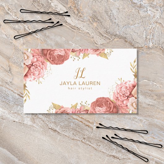 Carte De Visite Élégant Monogramme Floral Pink Gold