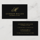Carte De Visite Élégant Monogramme professionnel noir et or (Devant / Derrière)