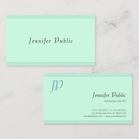 Carte De Visite Élégant Monogramme vert Mint Modèle Script moderne (Devant / Derrière)