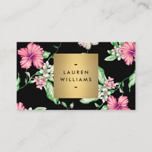 Carte De Visite Élégant motif floral tropical sur noir