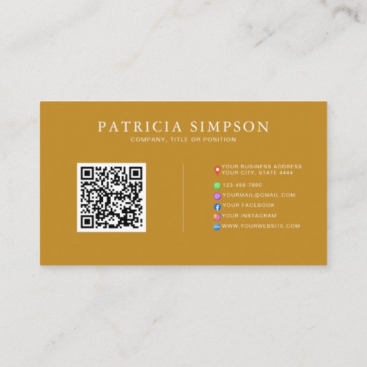 Carte De Visite Elegant Mustard Gold and Beige Cream QR Code Links (Dos)