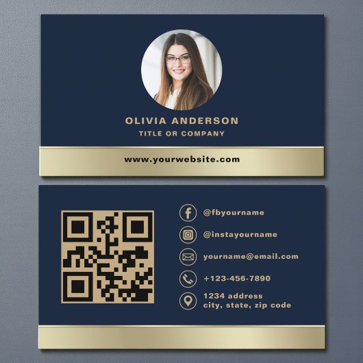 Carte De Visite Elegant Navy Blue Gold Logo QR Code Photo