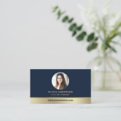 Carte De Visite Elegant Navy Blue Gold Logo QR Code Photo (Debout devant)